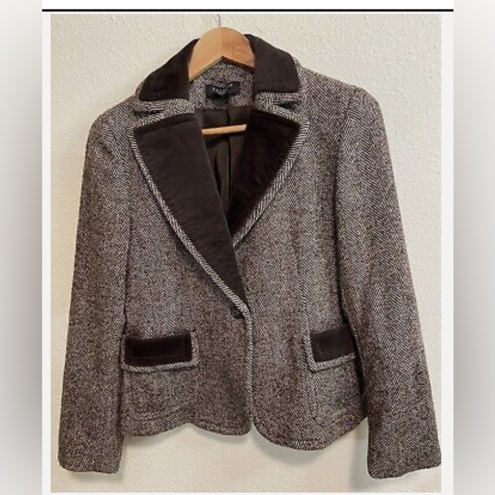 TALBOTS Brown Herringbone Tweed Wool Velvet Blazer Jacket Coat 10P Equestrian